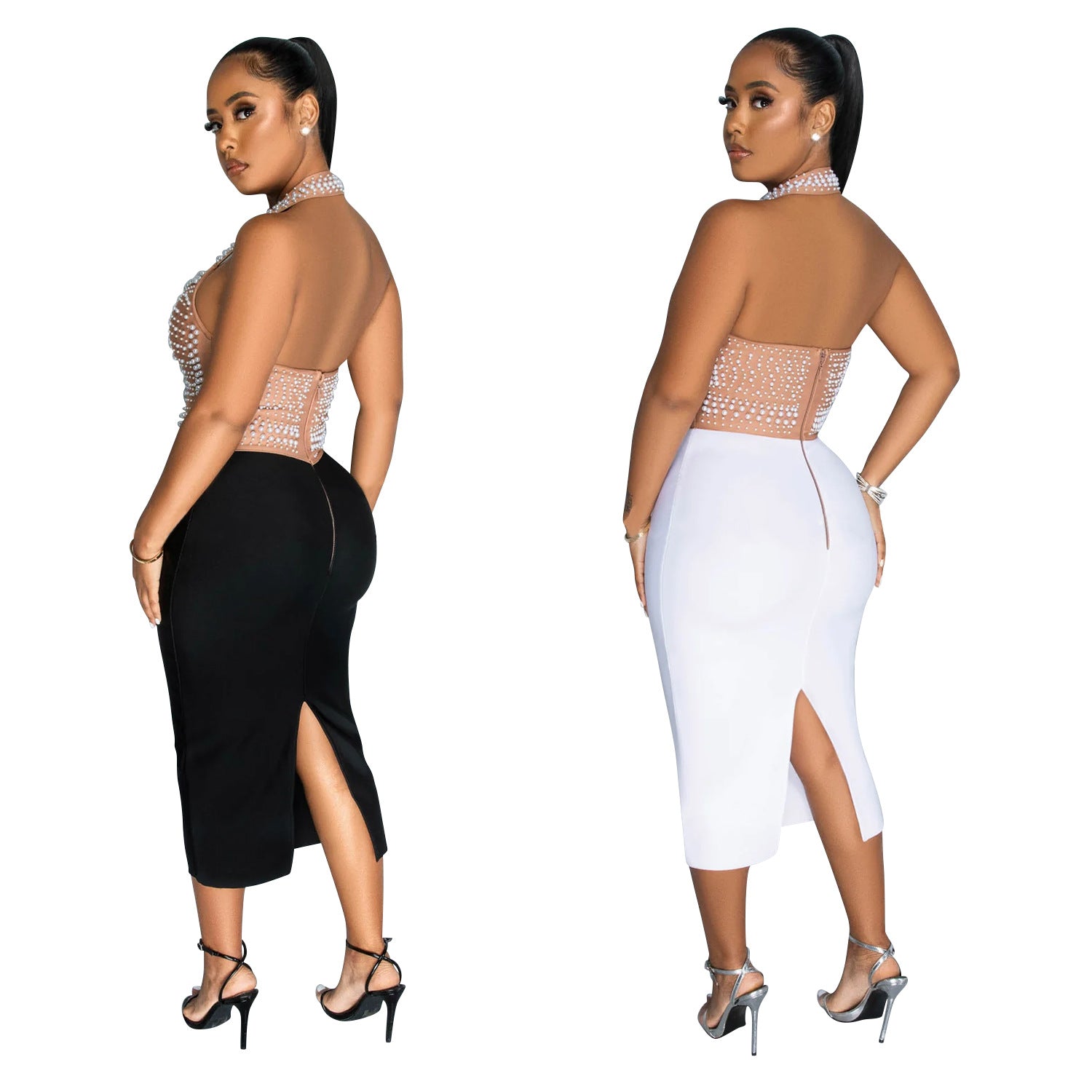 WomenSolid Mesh Beaded Halter Neck Maxi Dress 7