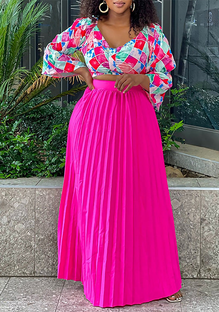 Women's Fashionable V Neck Printed Top Pleated Long Skirt African Two Piece Set