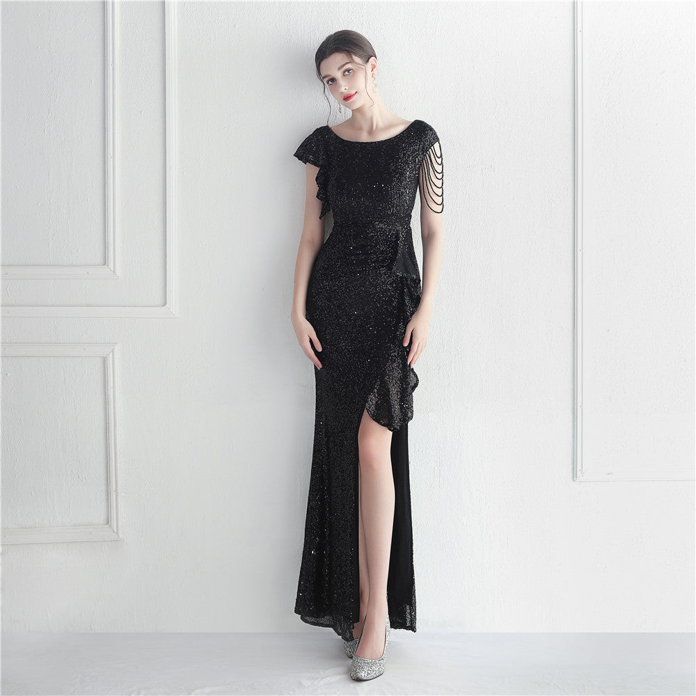 Ruffle Beading Gala Dinner Show Long Sequined Dress 13