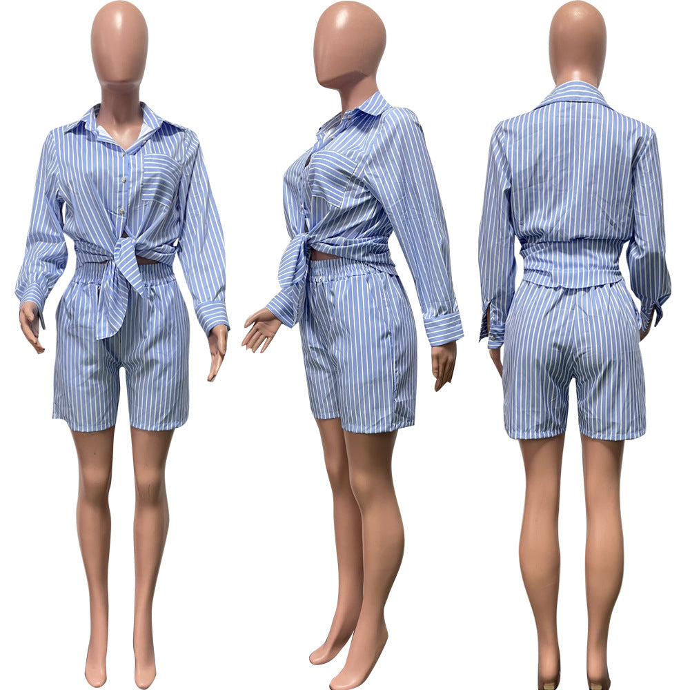 Women's Fashion Casual Stripe Patch Pocket Summer Shirt Shorts Two-Piece Set 13
