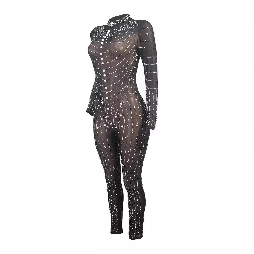 Women Sexy Mesh See-Through Beaded Round Neck Long Sleeve Jumpsuit 5