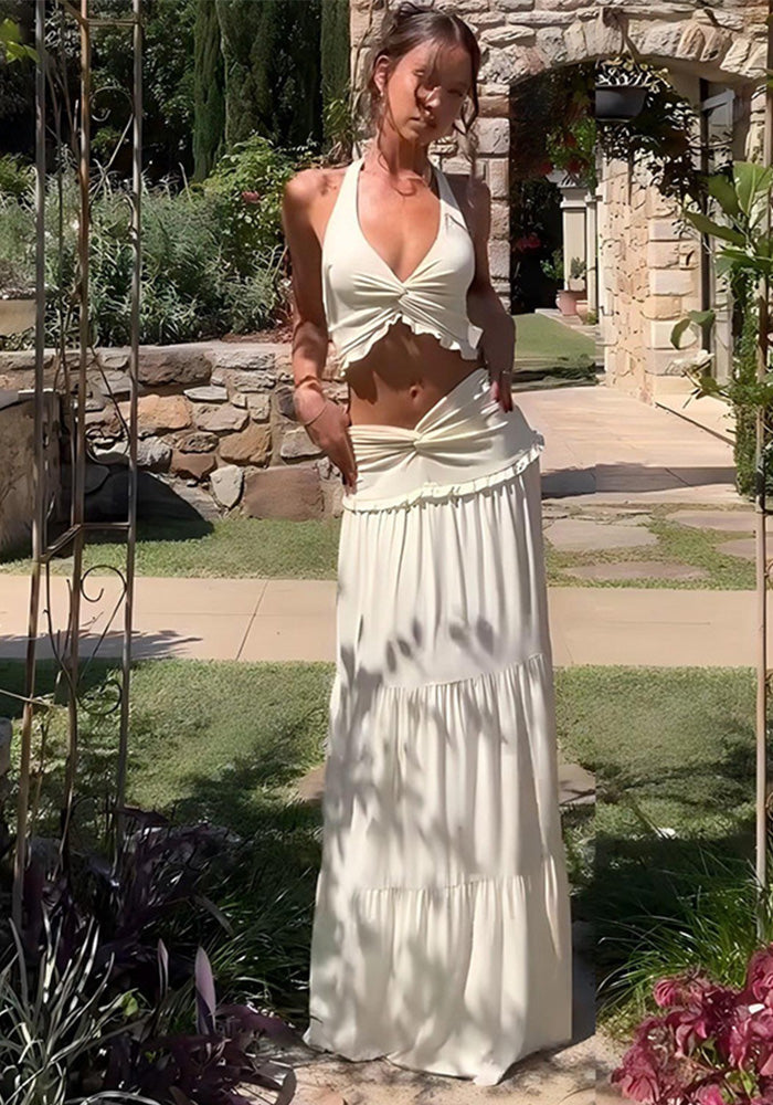 Women's Sexy Halter Neck Lace-up Top High Waist Pleated Skirt Two-piece Set
