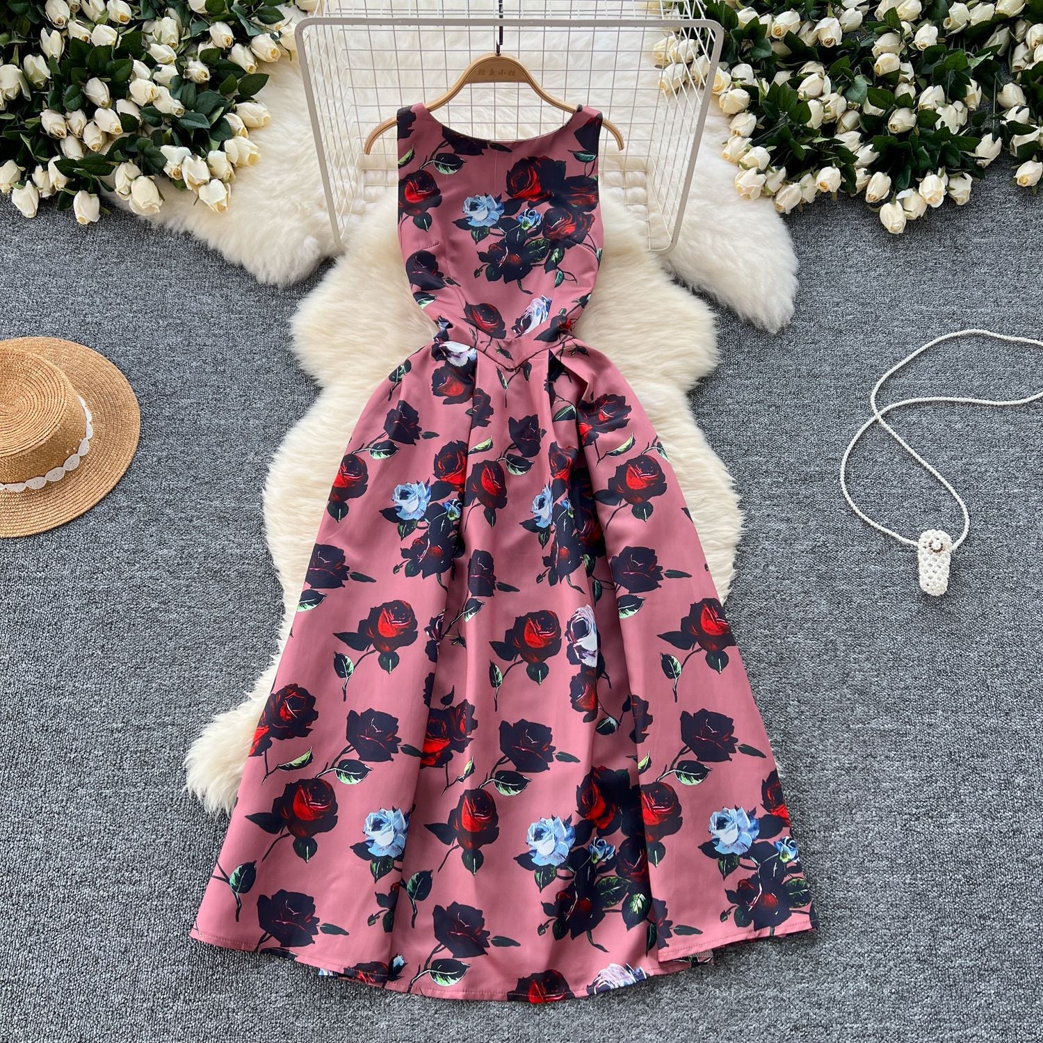 Fashion Printed Round Neck Slim Waist Pleated Flare Sleeveless Mini Dress 17