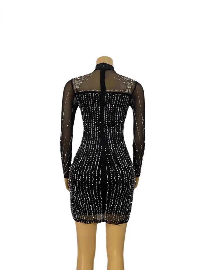 Women sexy mesh beaded suspenders formal party tassel dress 4