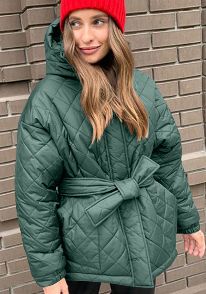 Women's Winter Clothes Slim Fit Lace-Up Turndown Collar Long Sleeve Long Style Hooded Cotton-Padded Jacket