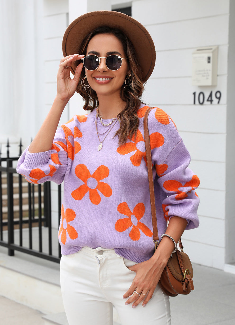 Autumn and winter women's printed sweater pullover flower plus size sweater 6