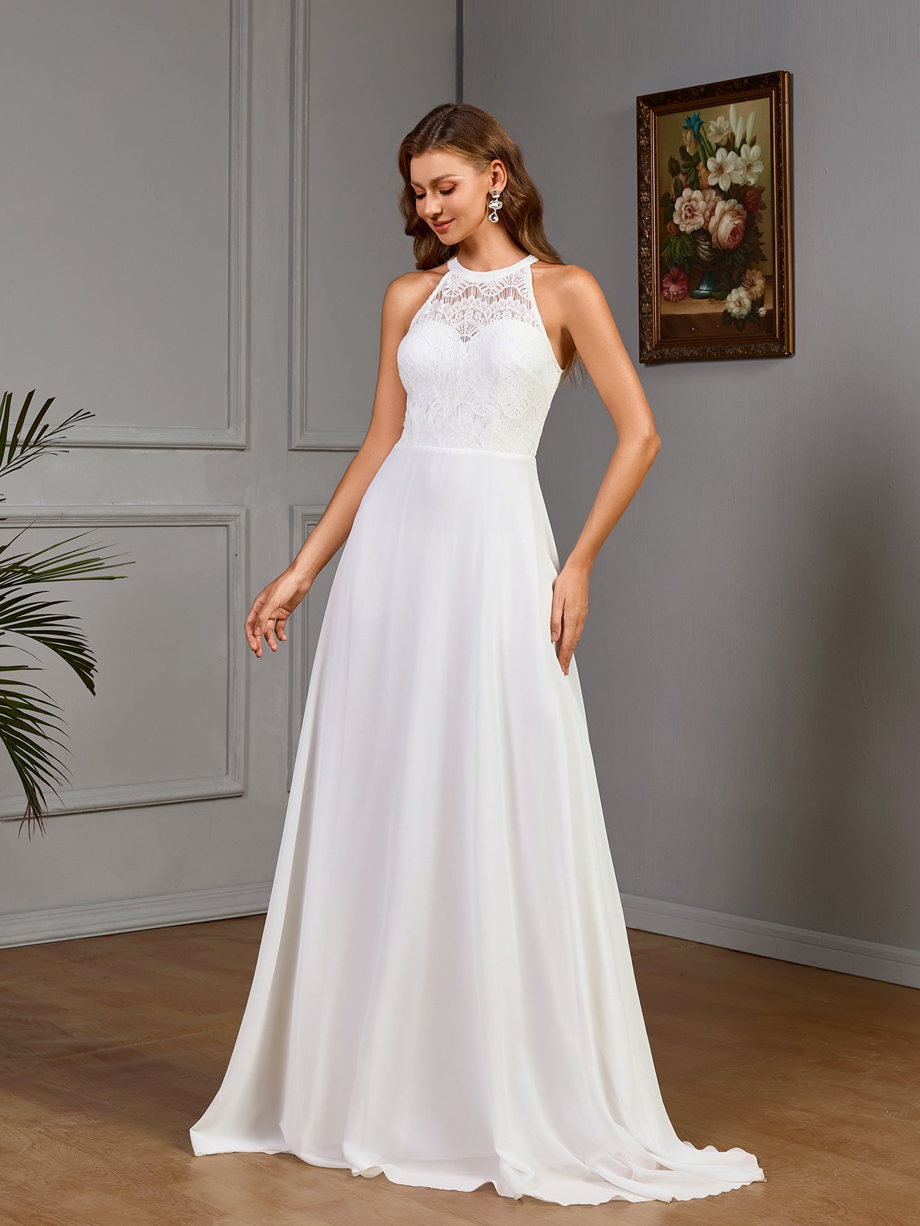 Women spring sleeveless Halter Neck wedding bridesmaid dress solid dress