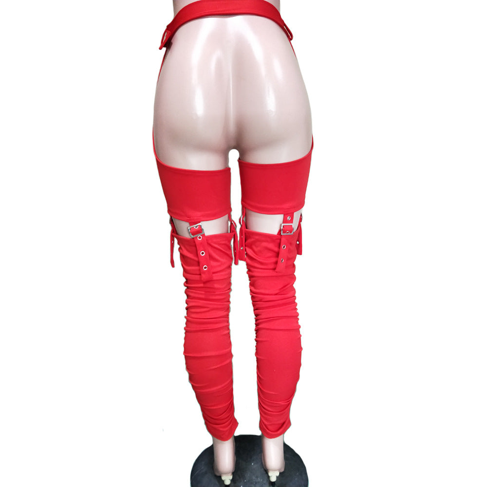 Women Sexy Belt Irregular Pleats Tight Pants 10