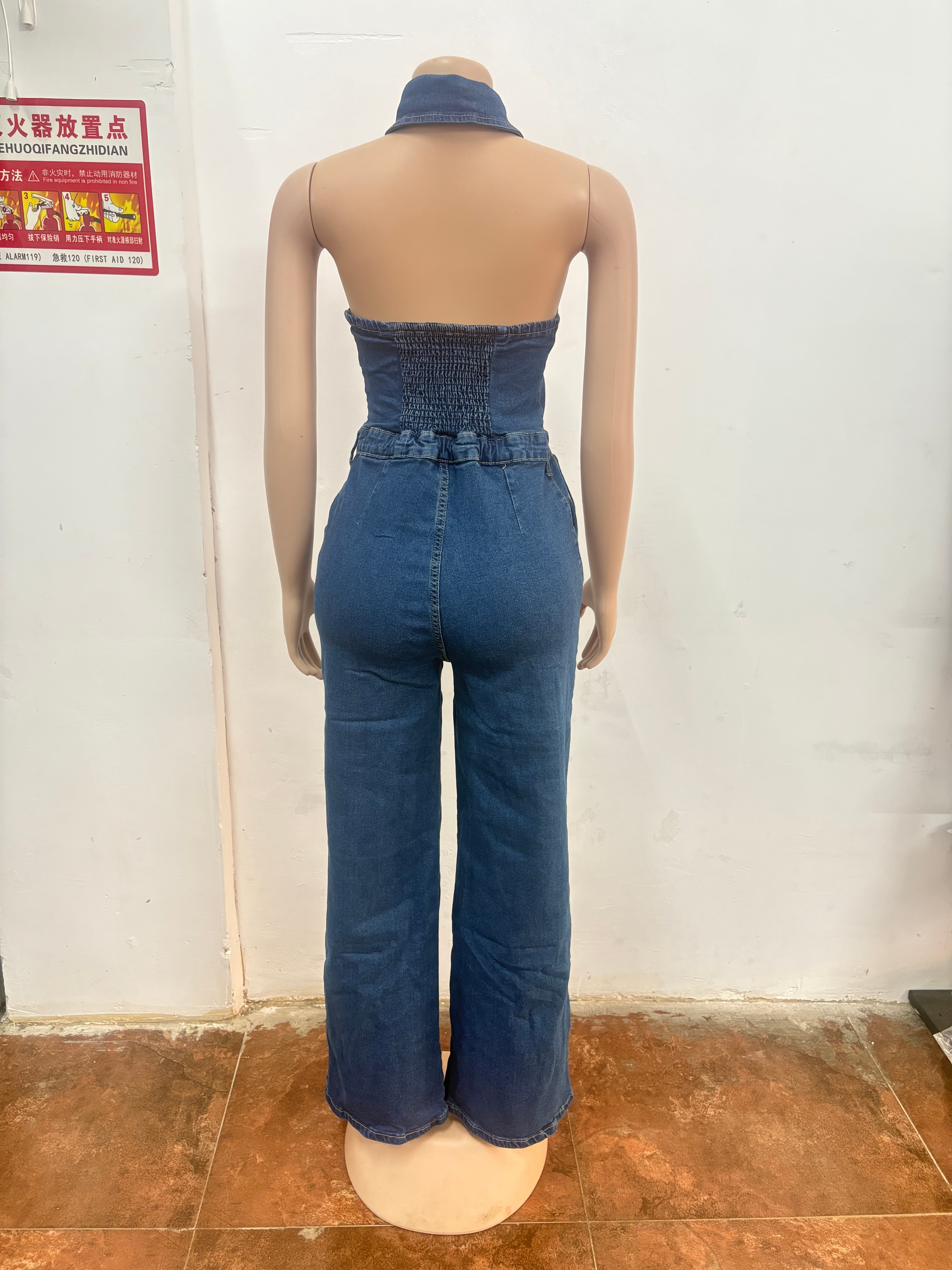 Sexy Patchwork Halter Neck Wide-Leg Denim Jumpsuit 9