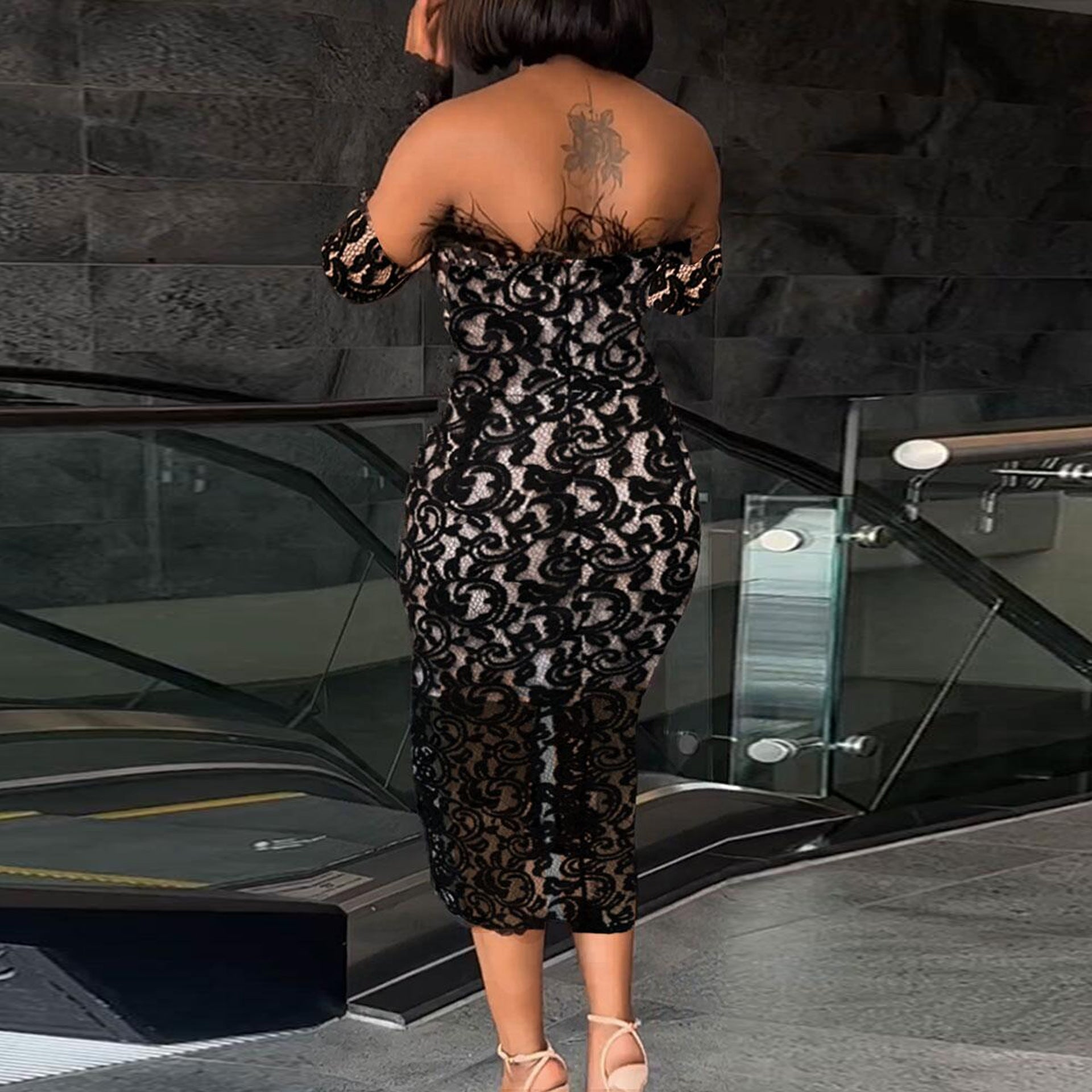 Women's Off Shoulder See-Through Slit Feather Lace Bodycon Dress 3