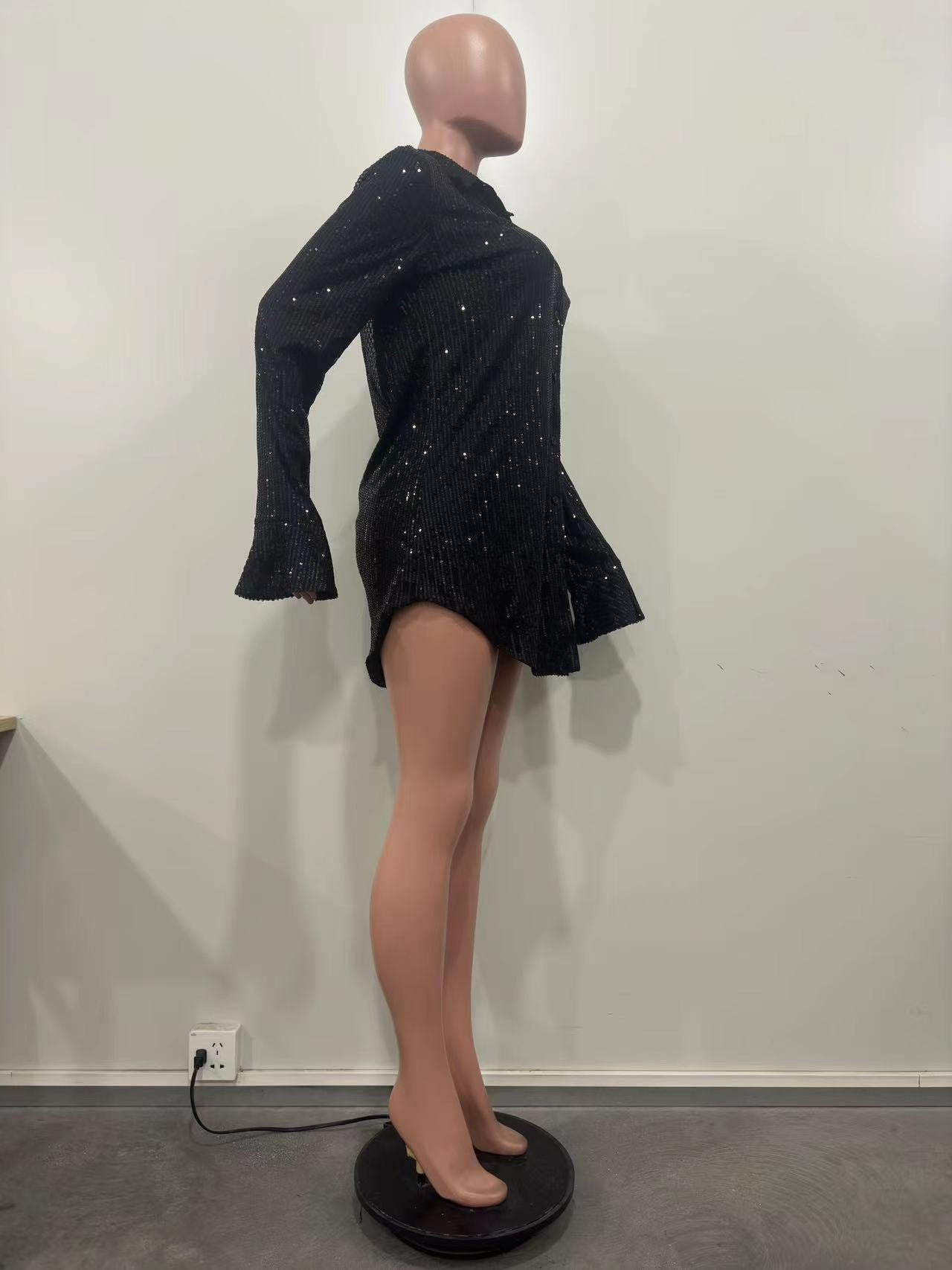 Women's Solid Sequin Loose Long Sleeve Shirt Dress 12