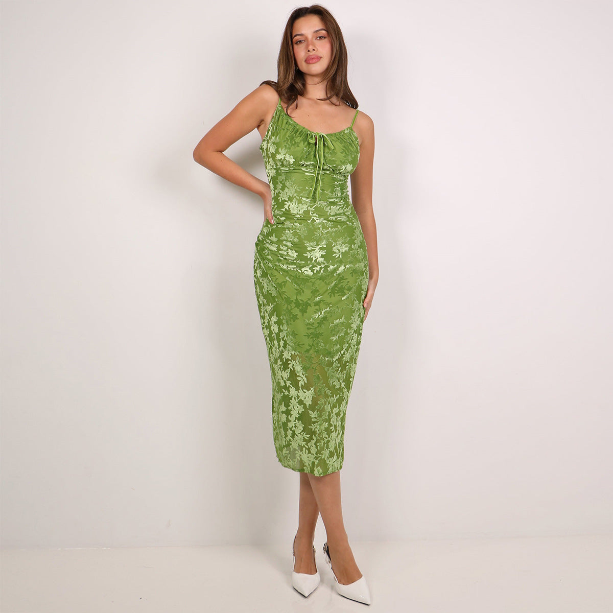 Spring Strap Flocking Sexy Slim Midi Dress for Women