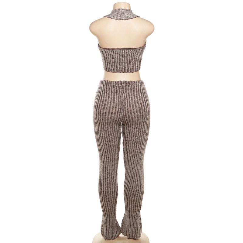 Women Autumn Sexy Knitting Top High Waist Bell Bottom Casual Pants Set 15