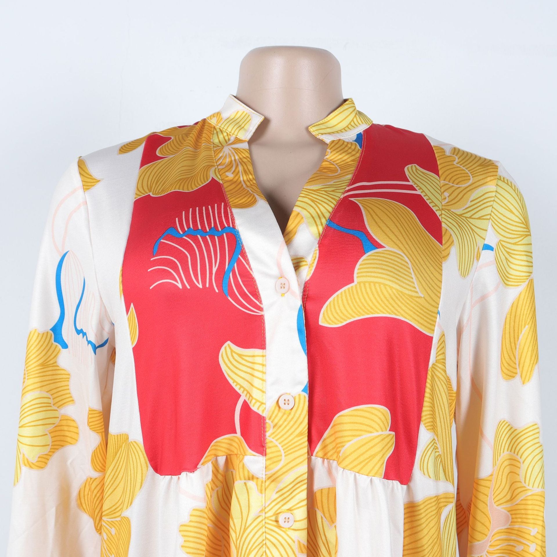 Women Elegant Floral Print V-Neck Patchwork Contrast Color Mini Dress 16