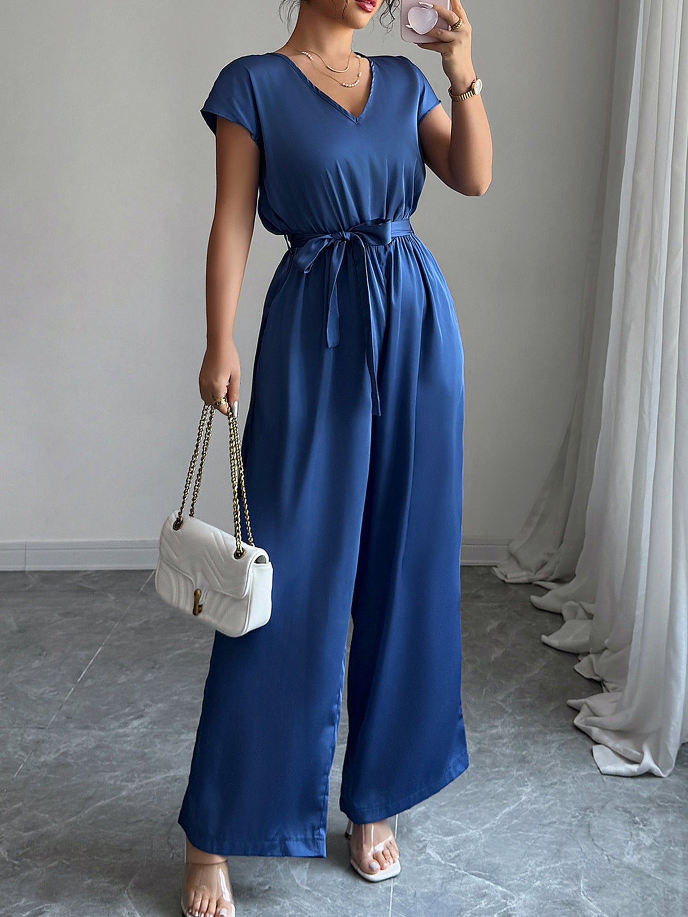 Women V Neck wide-leg Jumpsuit