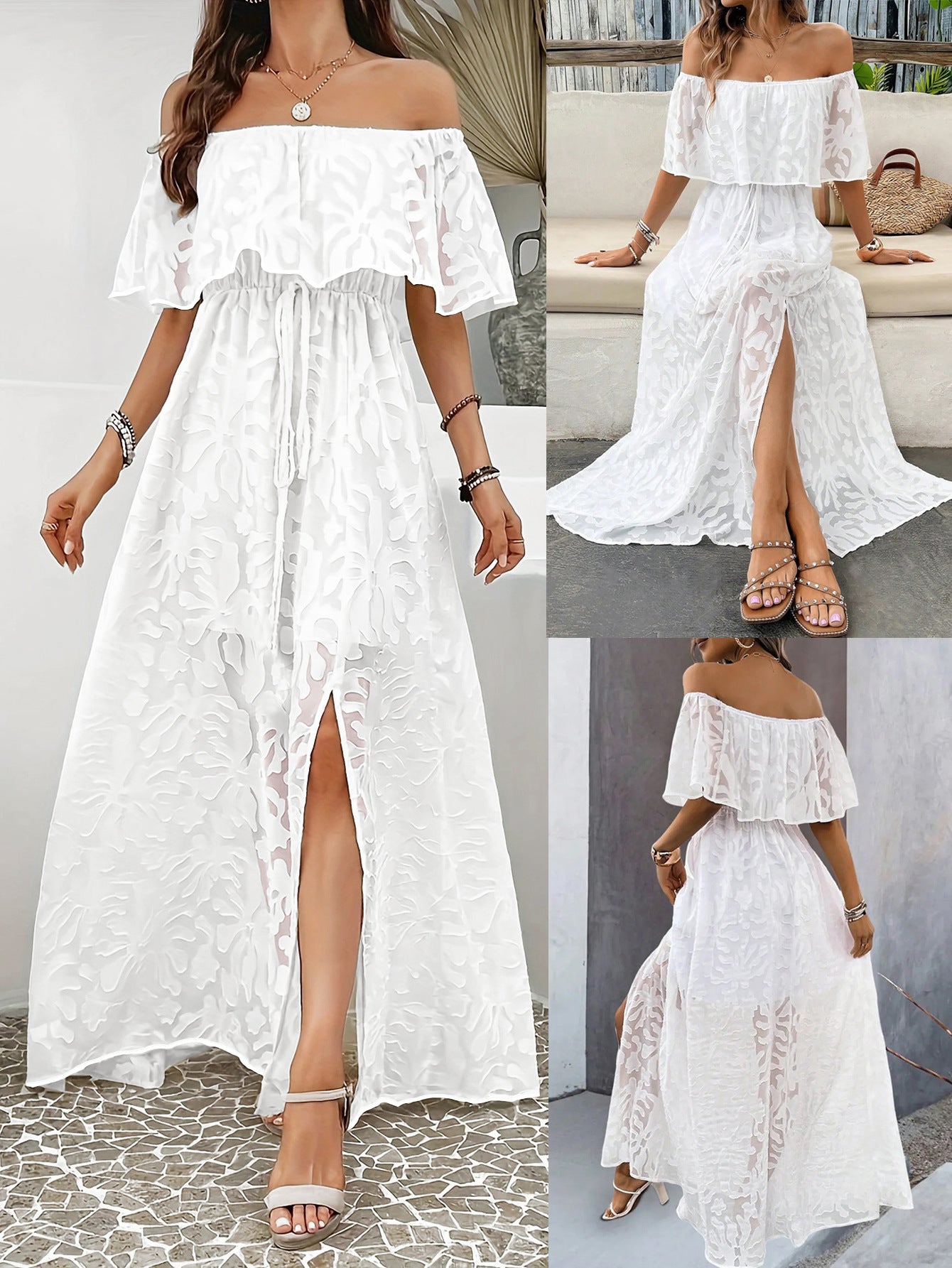 Elegant & Fashionable Off-Shoulder Jacquard Slit Maxi Dress