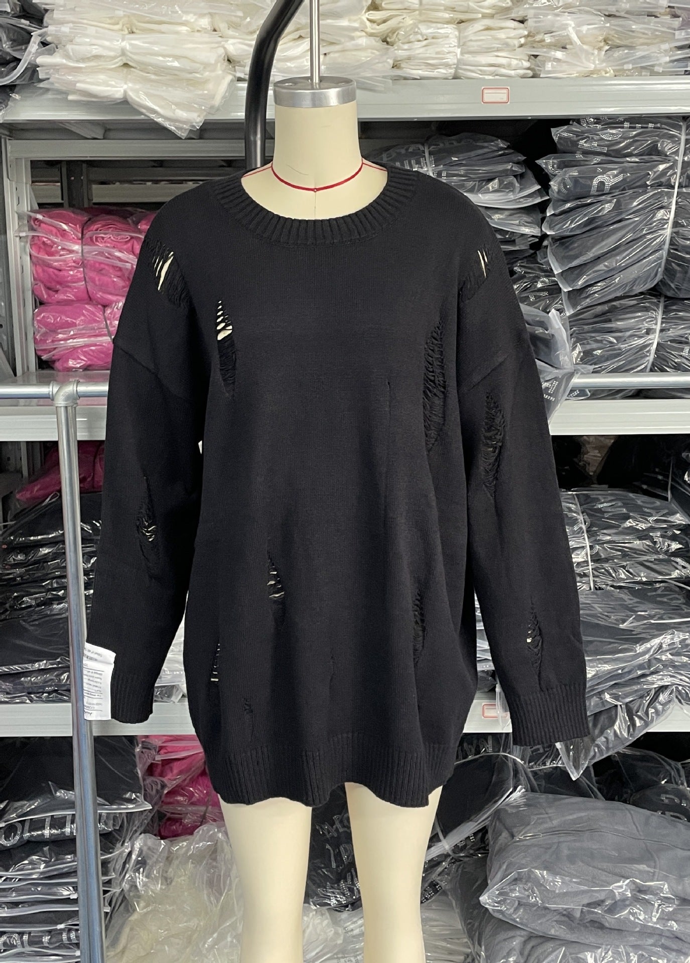 Women Casual Ripped Round Neck Loose Long Sleeve Sweater 19