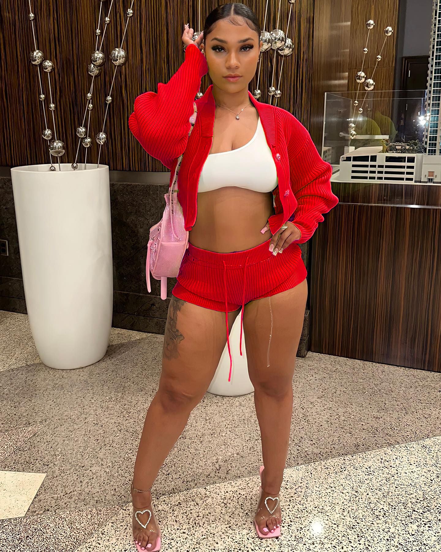 Women knitting Turndown Collar long-sleeved Top and shorts Casual two-piece set 11