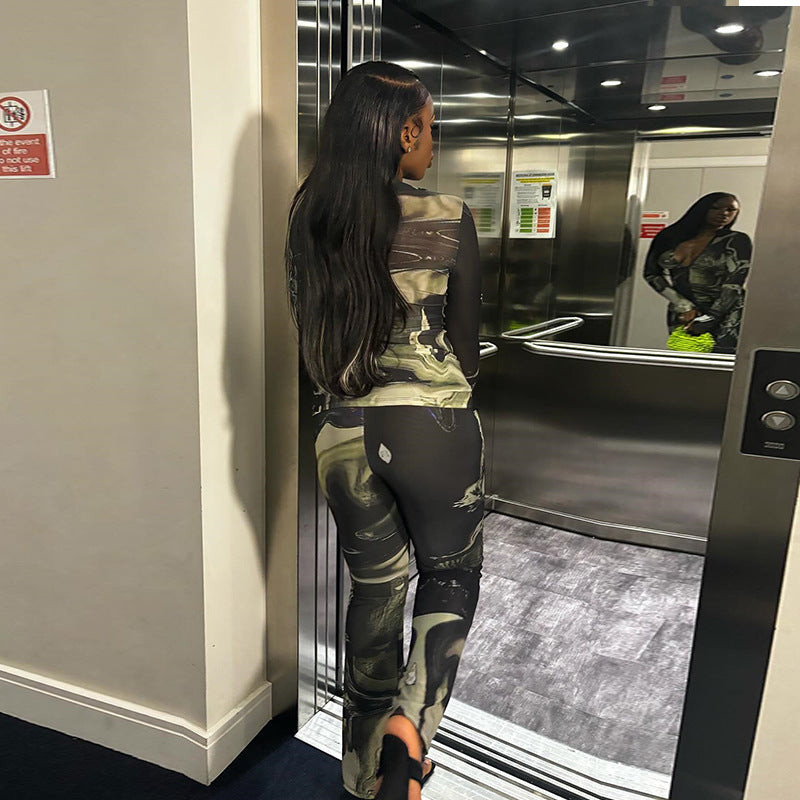 Women's Fashion Print Turndown Collar Button-Up Top Trousers Trendy Two-Piece Set 5