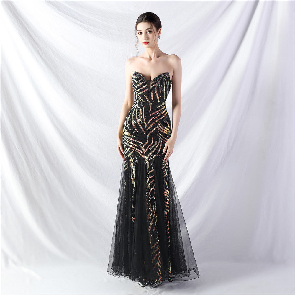 Sequin Mesh Patchwork Strapless Mermaid Evening Dress 3