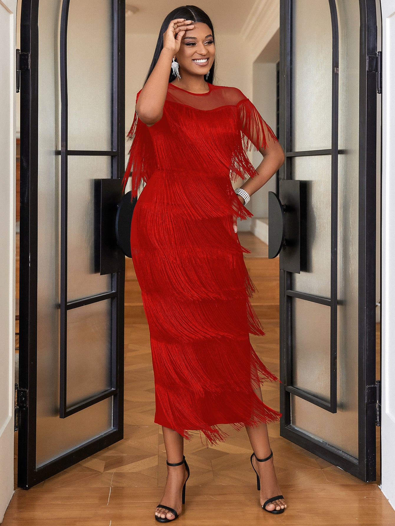 Women Mesh Patchwork tassel Round Neck sexy evening bodycon dresses 9