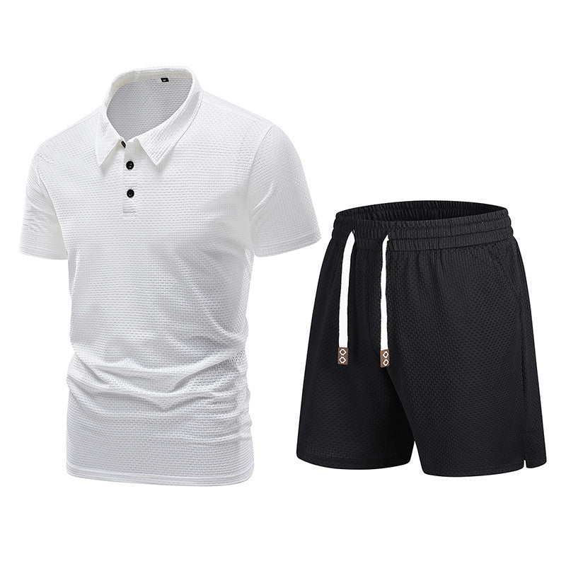 Summer men's Turndown Collar short-sleeved top and shorts two-piece set 4
