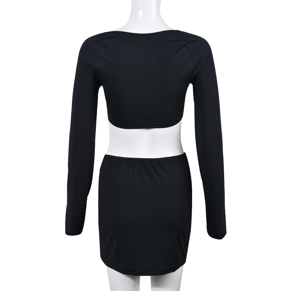 Women Lace-Up Long Sleeve Crop Top And Slit Skirt Two-Piece Set 6