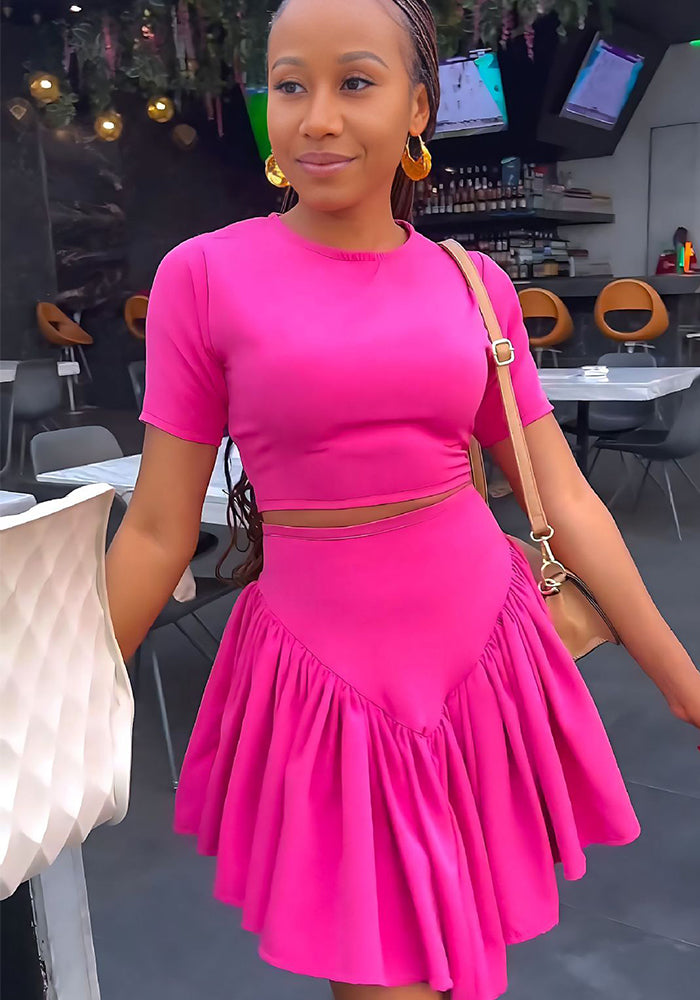 Tight Fitting Short T-shirt High Waist Casual Simple Irregular Skirt Two-piece Set