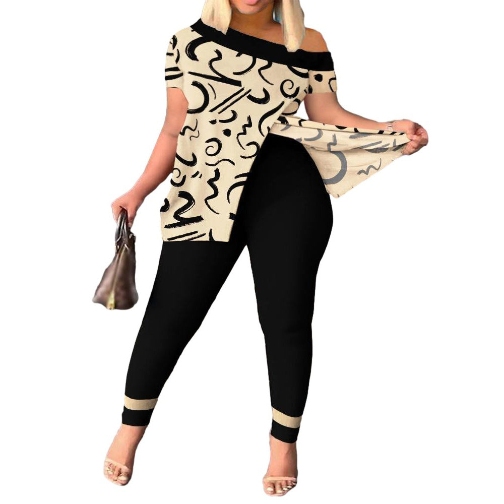 Women's Casual Fashion Graphic Print Slit Short Sleeve Top Pants Two Piece Set