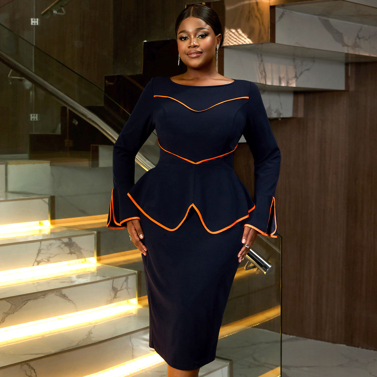 Women African U-neck Bell Bottom Sleeve Contrast Color Bodycon Dress