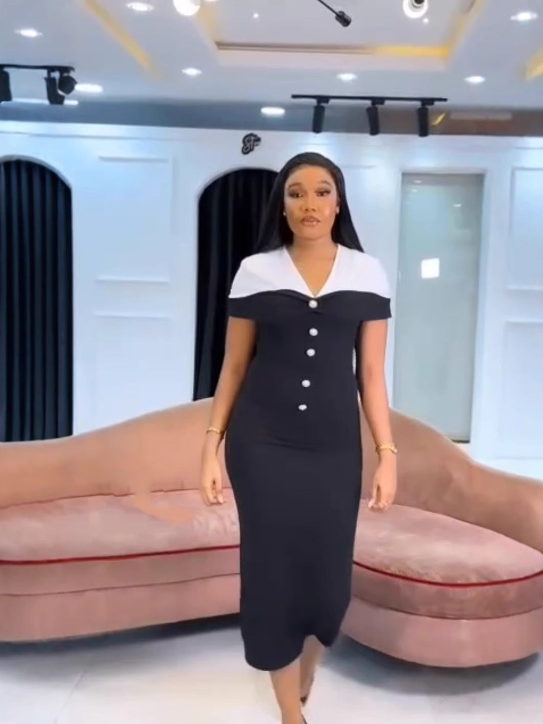 Chic Career Slim V-Neck Button Color Matching Bodycon Dress 4