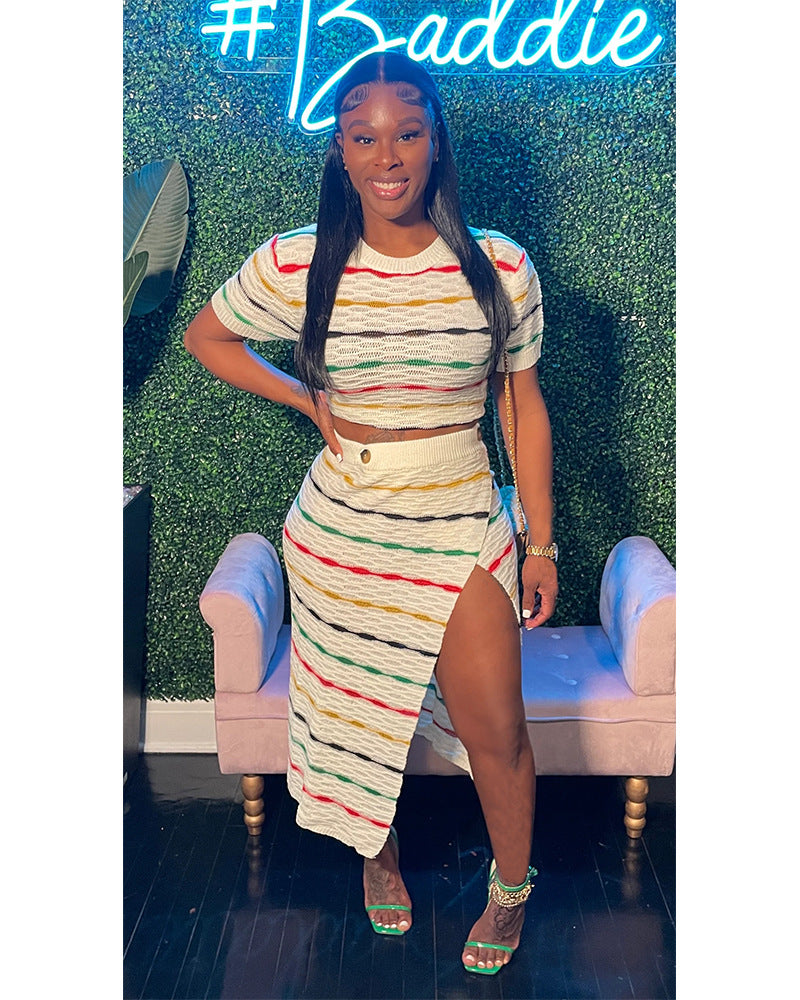 Women's Multi-Color Stripe Knitting Top Slit Skirt Two Piece Set 6