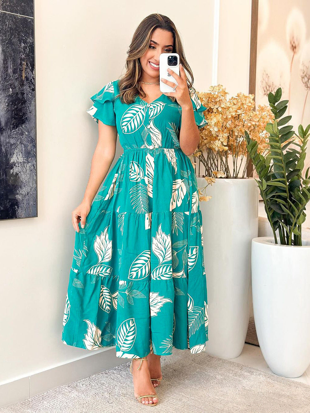 Chic V-Neck Elastic Slim Waist Pa-Line Long Dress