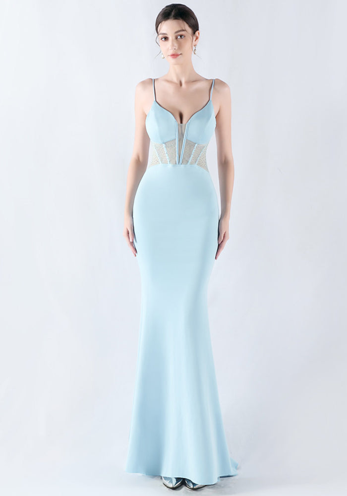 Women fishbone Fitted Mesh Beaded Bodycon fishtail evening dress