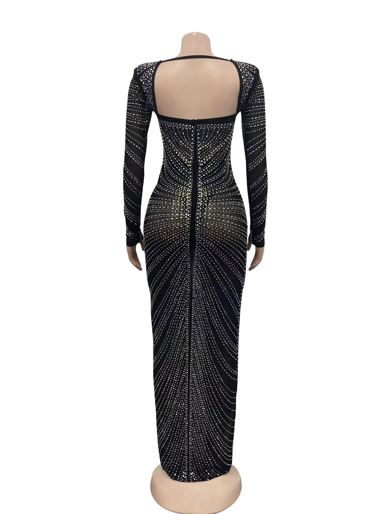 Fashion Women'S Rhinestone Beaded Mesh See-Through Long-Sleeve Backless Evening Party Long Dress 23