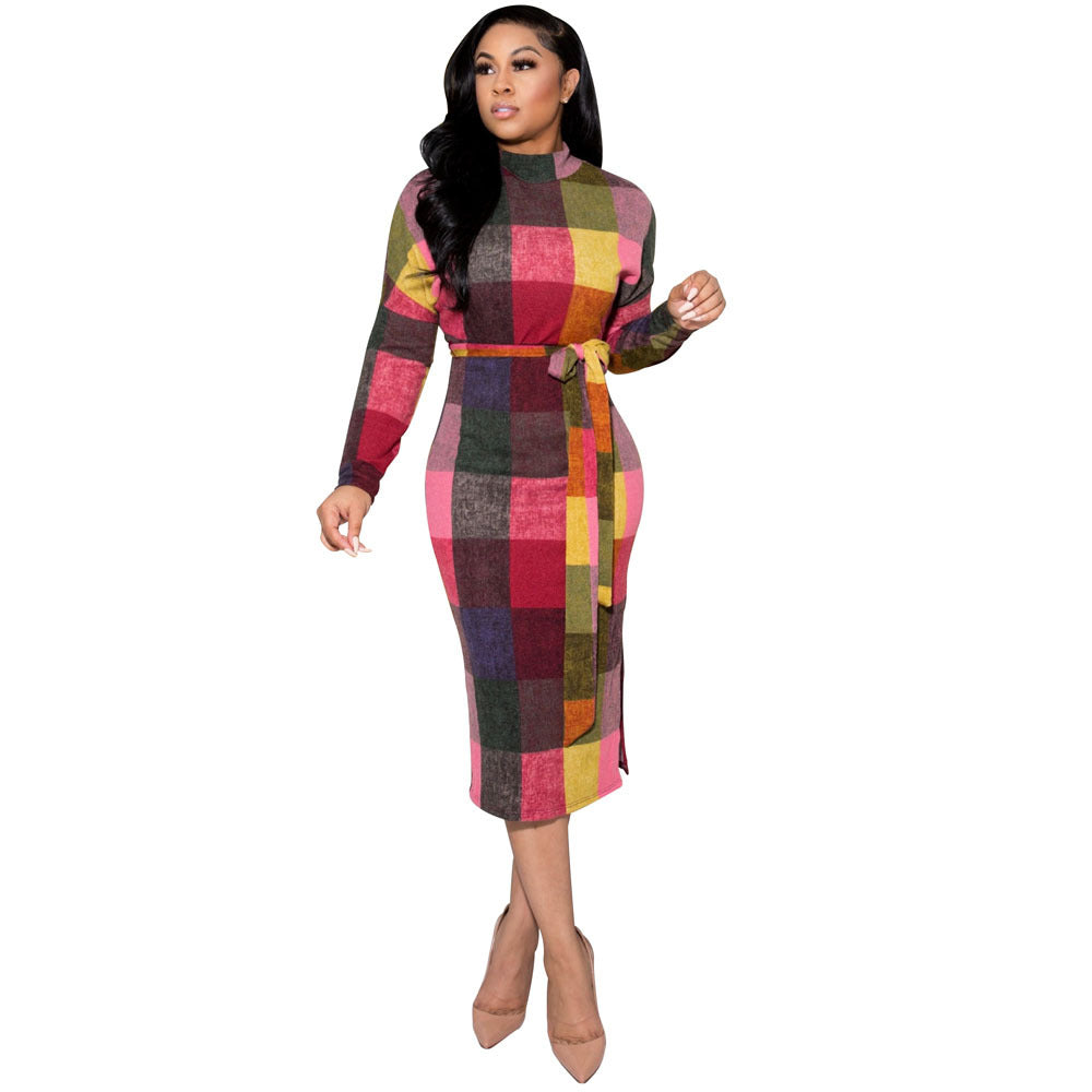 Women's Fashion Positioning Contrast Print Side Slit Slim Dress With Belt 4