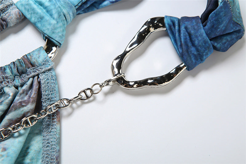 Women Spring Style Contrast Chain Sexy Cutout Halter Neck Bodycon Dress 10