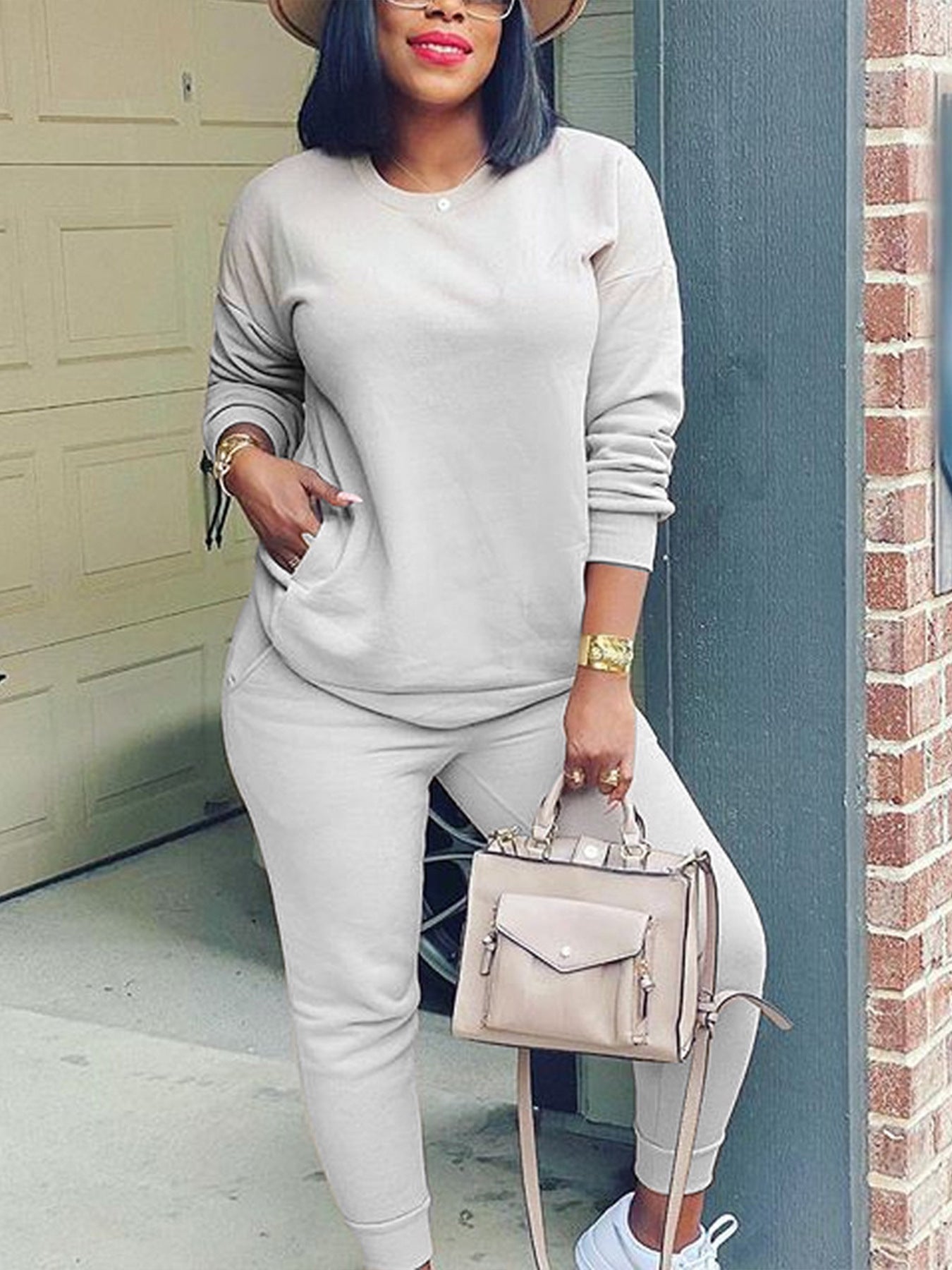 Autumn and winter women's fashion solid color Slim Fit Casual two piece pants set