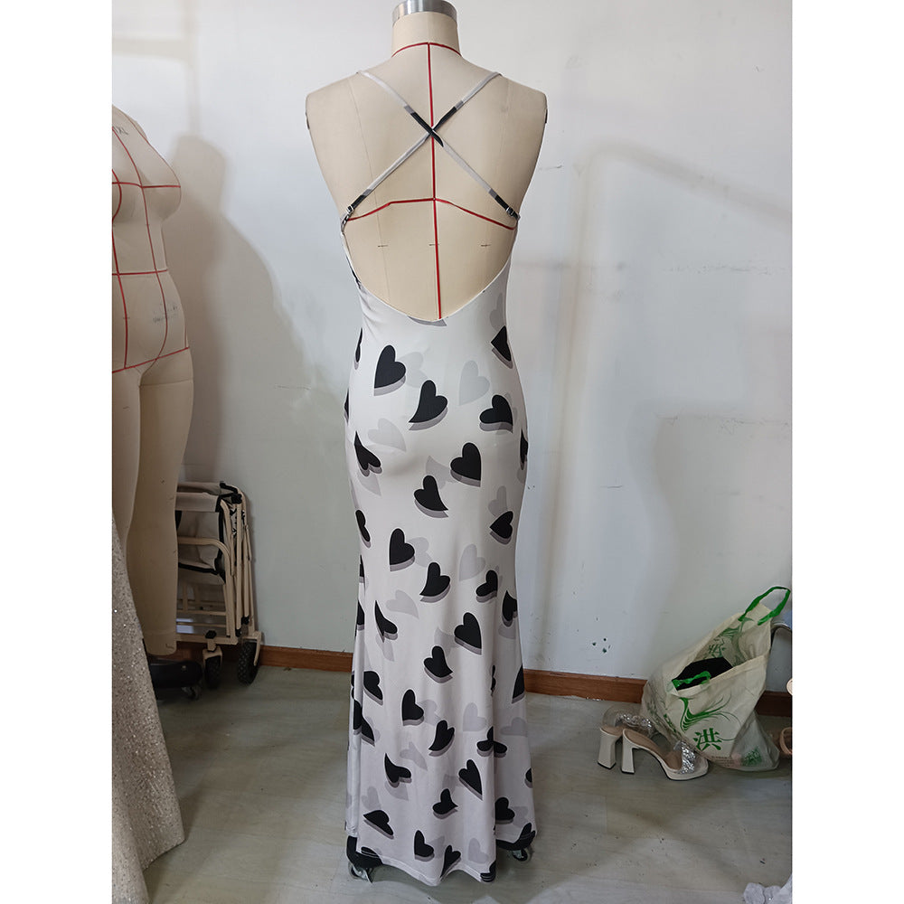 Women Summer Sexy Heart Print Print Backless Holidays Strap Dress 10