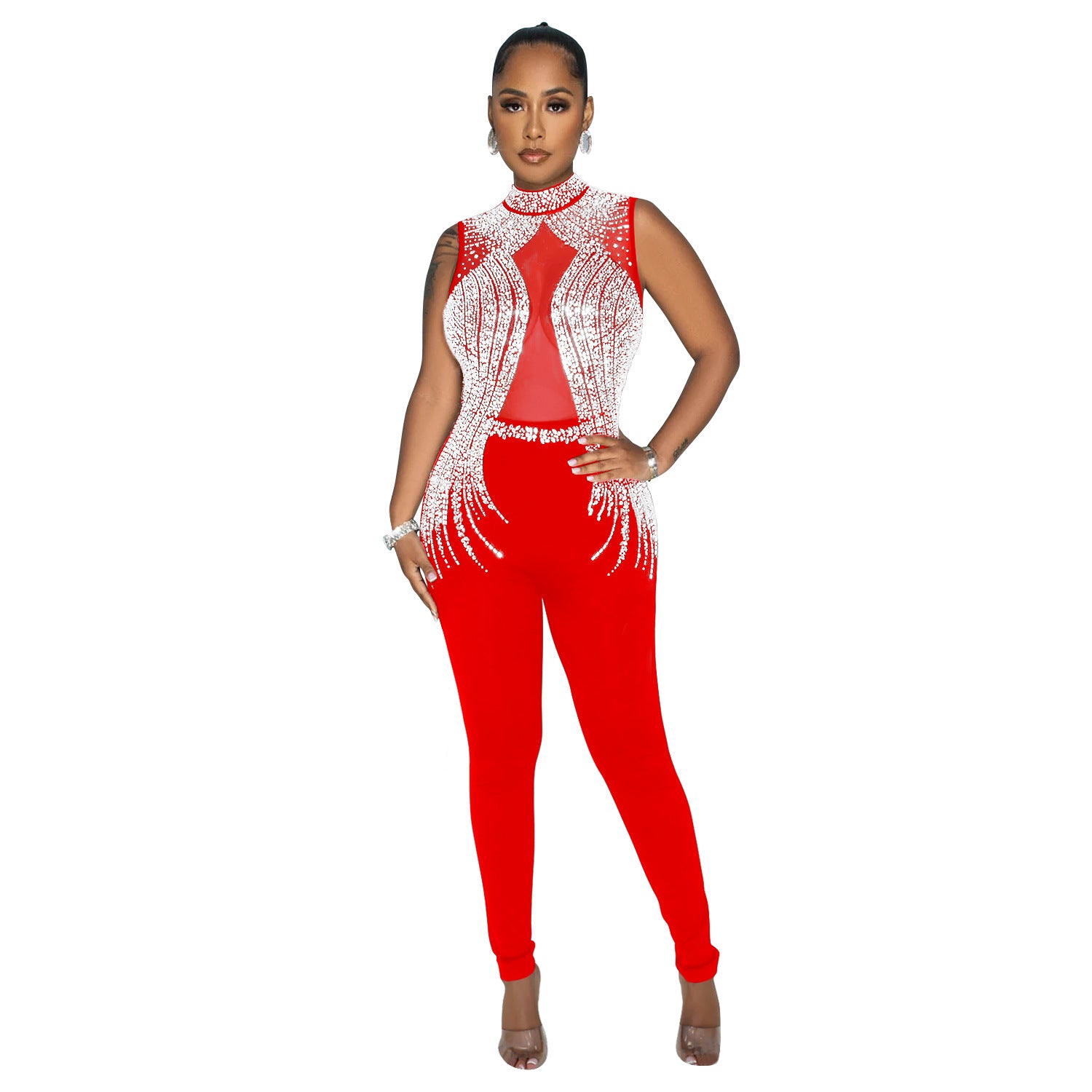 Fashion Women's Solid Color Beaded Mesh Sleeveless Jumpsuit 10