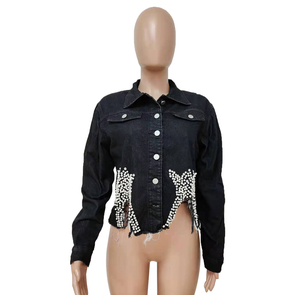 Women beaded crown Denim jacket 8