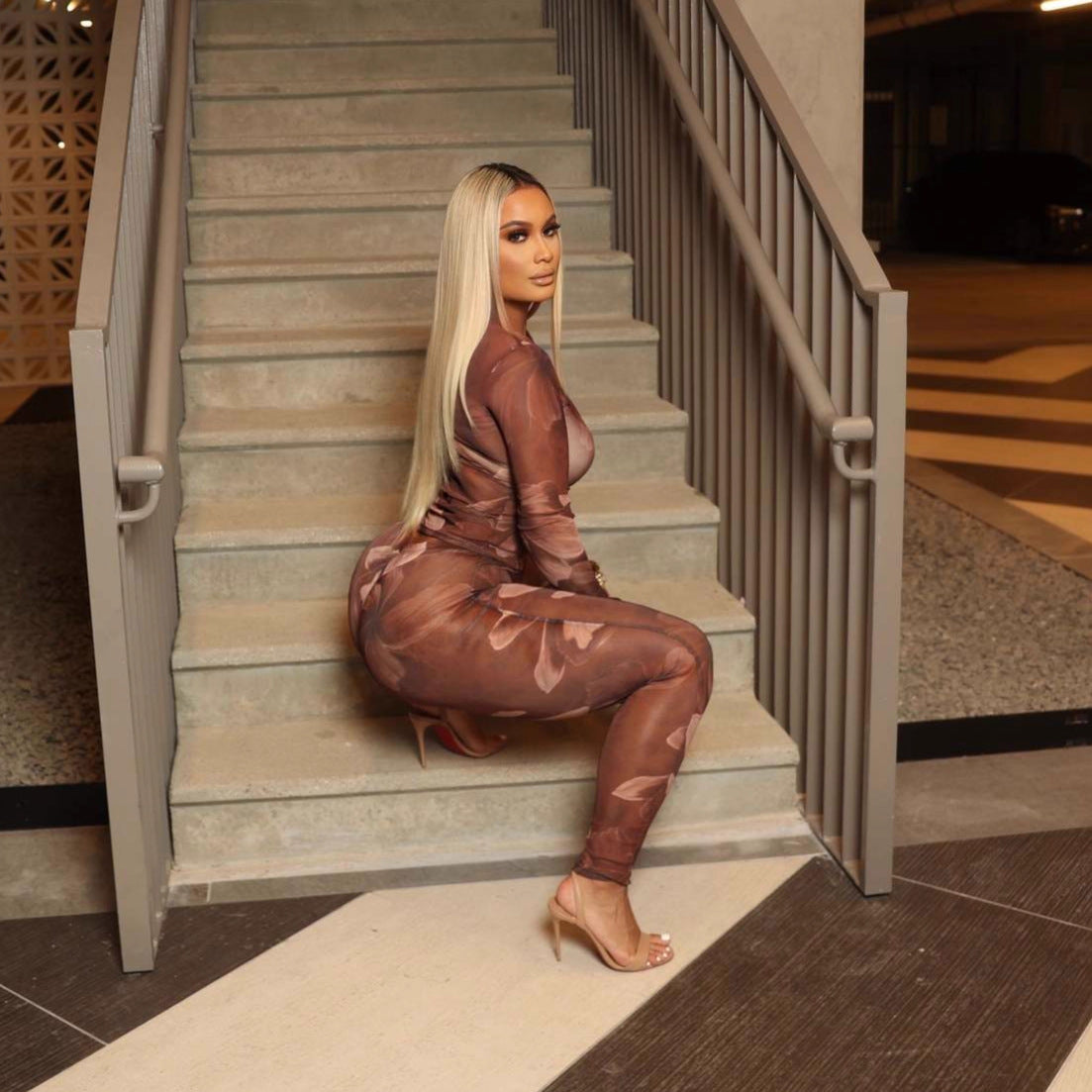 Autumn Winter Women's Hot Style Floral Print Sexy Round Neck Long Sleeve Tight-Fitting Pants Set 6