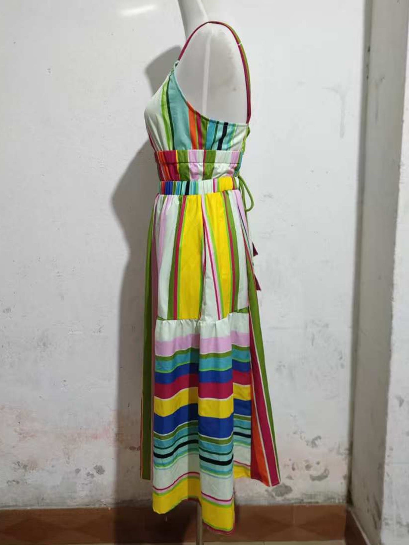 Women Bohemian Holidays Back Hollow Tassel Lace-Up Pocket Stripe Strap Dress 8