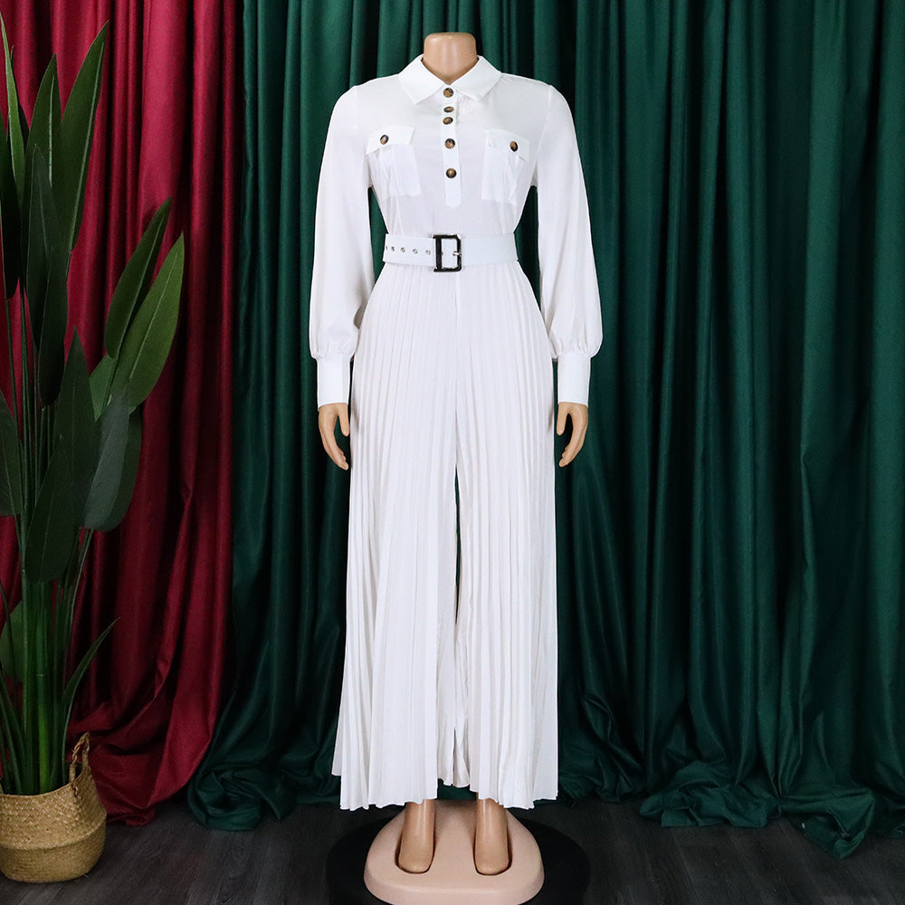 Women's Fall Winter Long Sleeve Casual Loose Pleated Wide Leg Jumpsuit with Belt 17