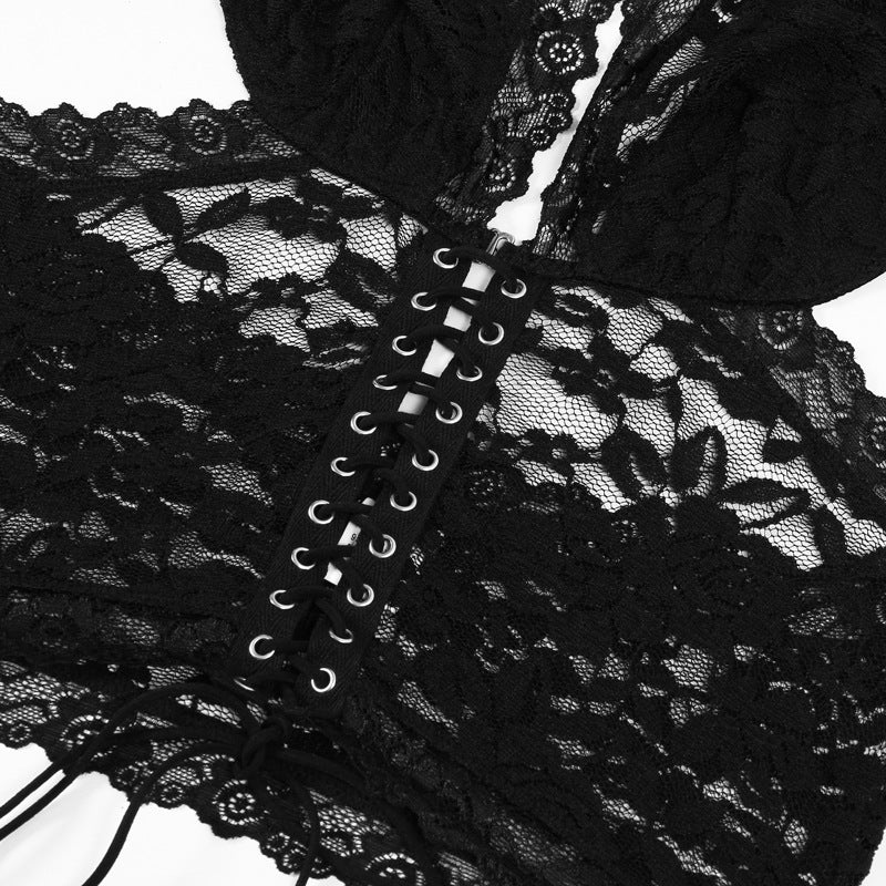 Women Summer lace Tank Halter Neck Underwear And Skirt Two-Piece Set 15