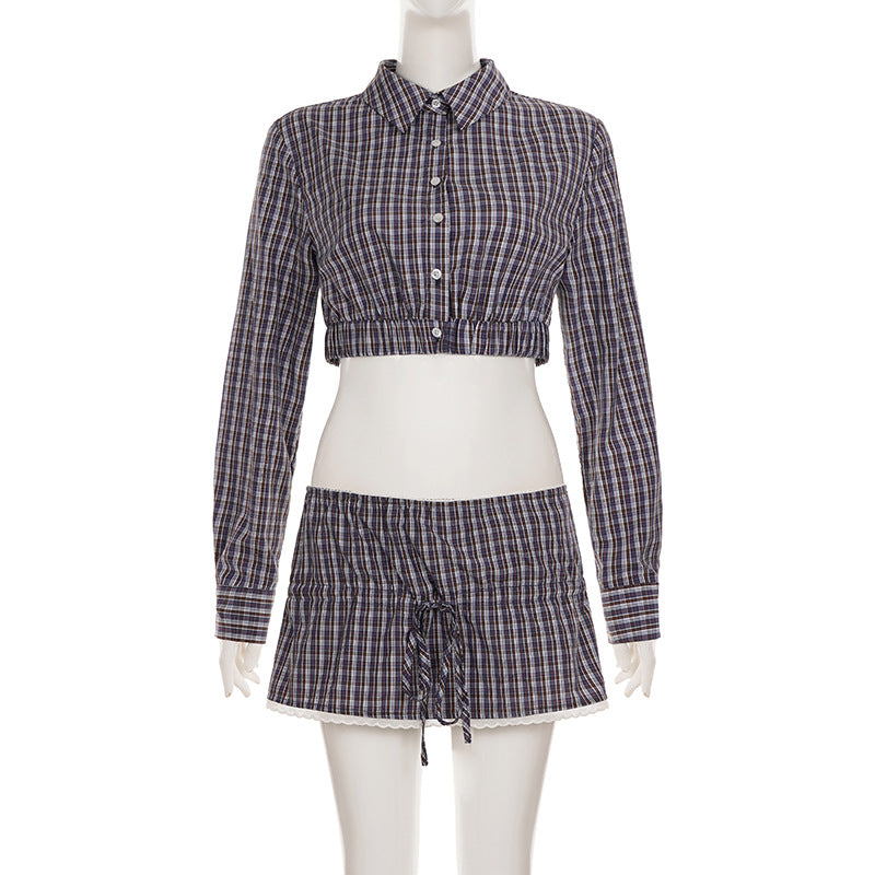Women's Plaid Lace Trim Elastic Tie-Waist Trendy Woven Short Shirt Set 19