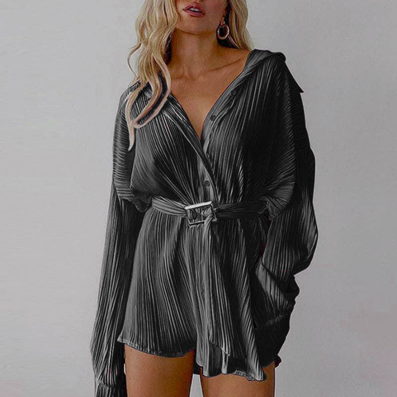 Women Pleated Long Sleeve Belted Shirt Dress 7