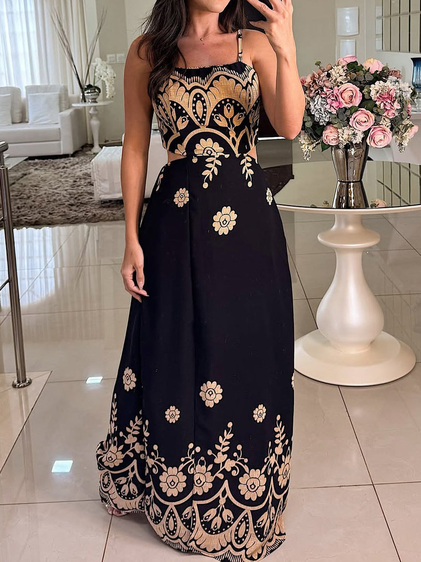 Women Elegant Spaghetti Strap Print Dress