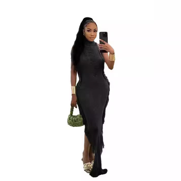 Women Summer Knitting Sexy Solid Tassel Bodycon Dress 4