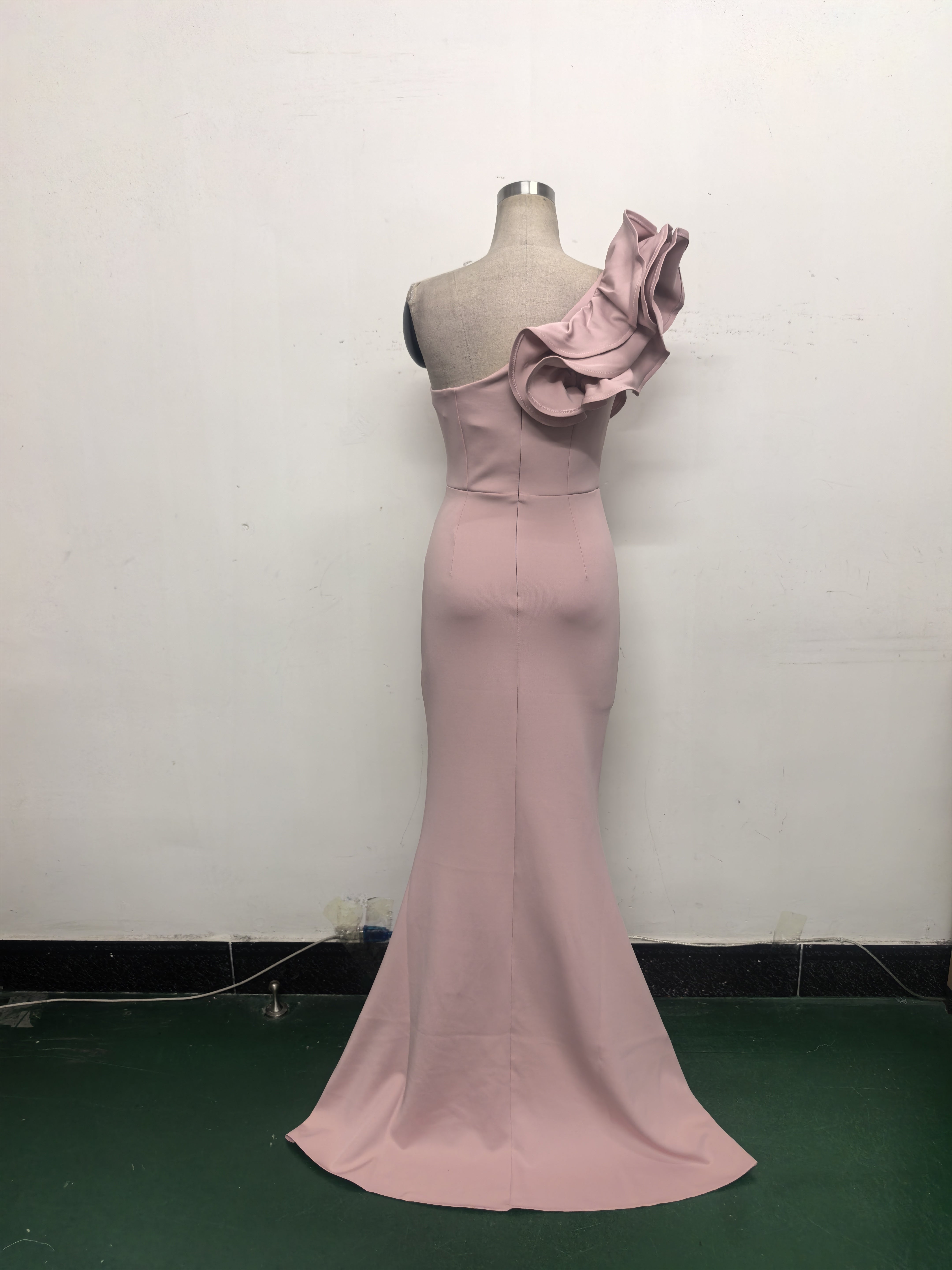 Women One-Shoulder Beaded Wool and Floral Satin Slit Sexy Evening Dress 34